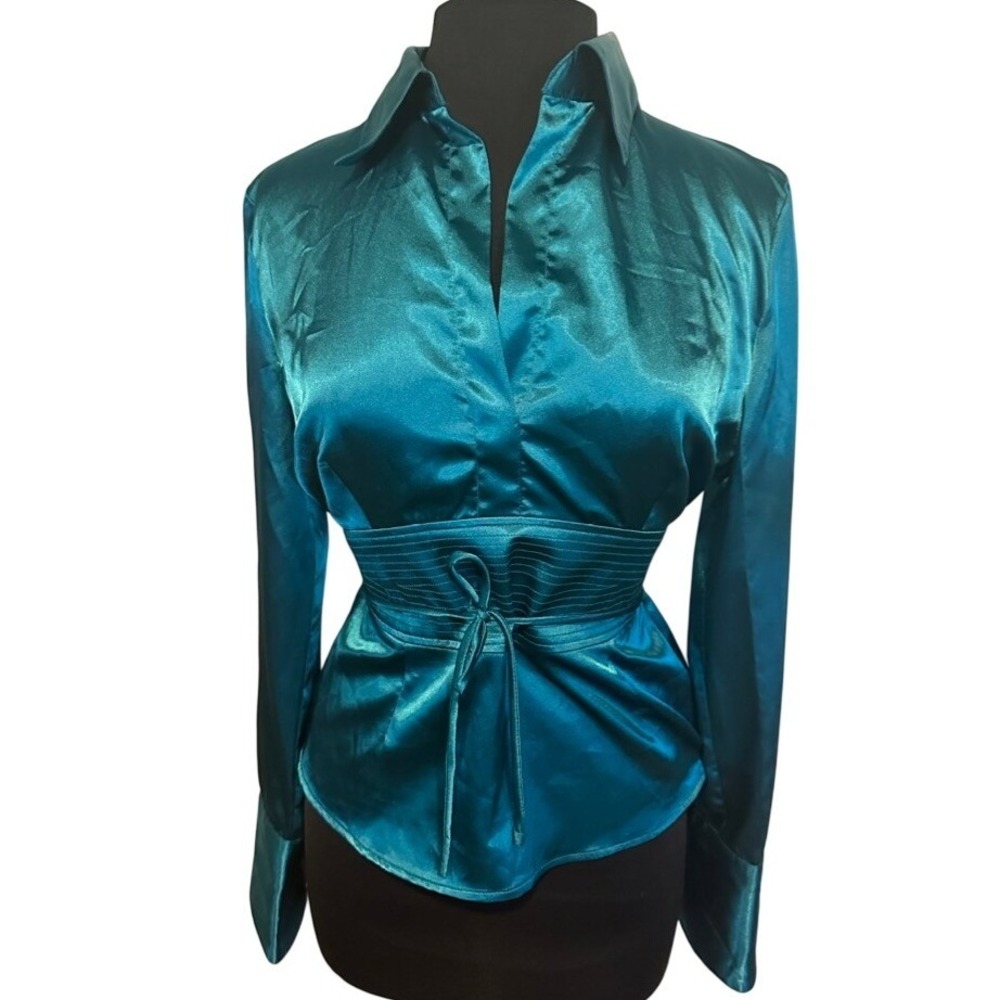 IZ Byer California Teal Satin Wrap Blouse Vintage New With‎ Tags Size L